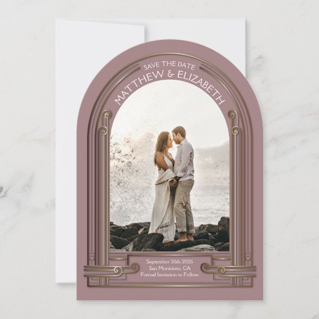 Art Deco Dusty Rose Bronze Arch Save the Date Inbjudningar (Framsida)