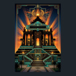 Art Deco egyptisk revival tempel guld och teal Poster<br><div class="desc">En hisnande fusion av Art Deco och forntida egyptiska stilar. Med en storslagen pyramidtempel, palmer och egyptiska motiv under en bevingad solskiva, allt i en lyxig guld och teal palett.</div>