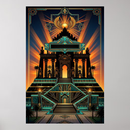 Art Deco egyptisk revival tempel guld och teal Poster