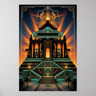 Art Deco egyptisk revival tempel guld och teal Poster