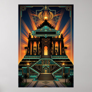 Art Deco egyptisk revival tempel guld och teal Poster