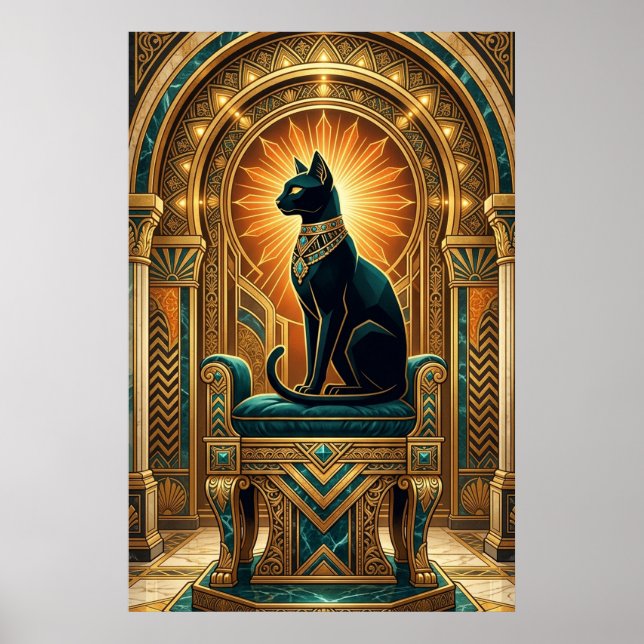 Art Deco Egyptisk Tron Katt Väggkonst (Framsidan)