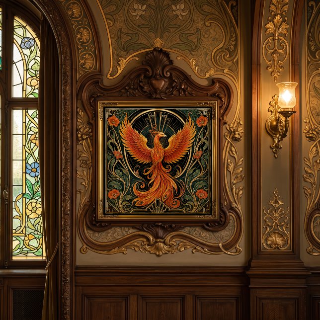 ART DECO ELDANDE FENIX KERAMISK PLATTA   KAKELPLATTA (Skapare uppladdad)