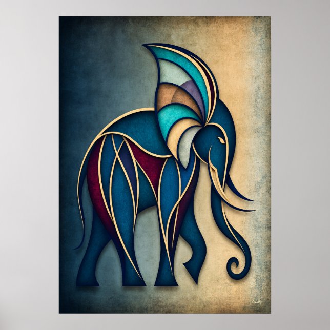 Art Deco Elefant Abstrakt Geometrisk Djur Vägg A Poster (Framsidan)