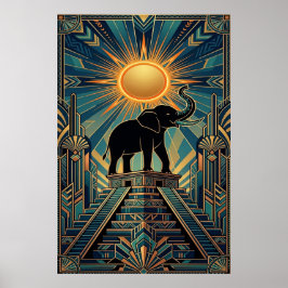 Art Deco Elefantpyramid Guldned Solnedgång Poster