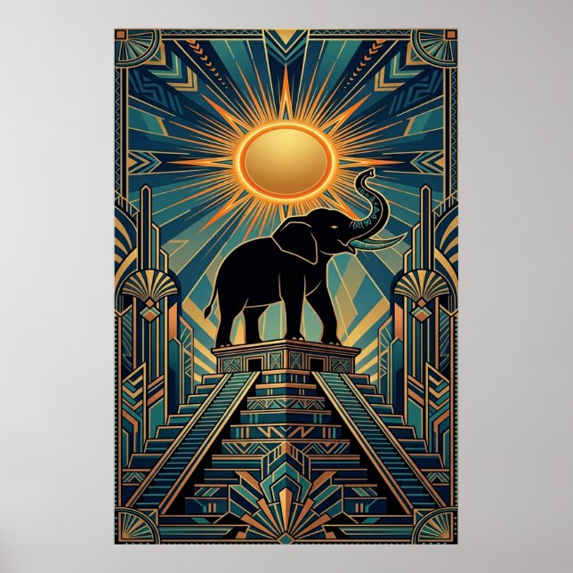 Art Deco Elefantpyramid Guldned Solnedgång Poster (Framsidan)