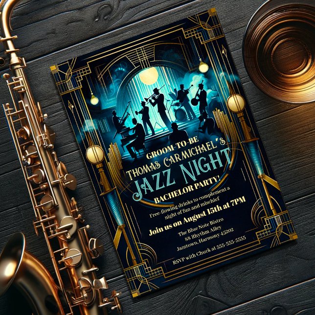 Art Deco Elegance Jazz Night Bachelor Party Inbjudningar (Skapare uppladdad)