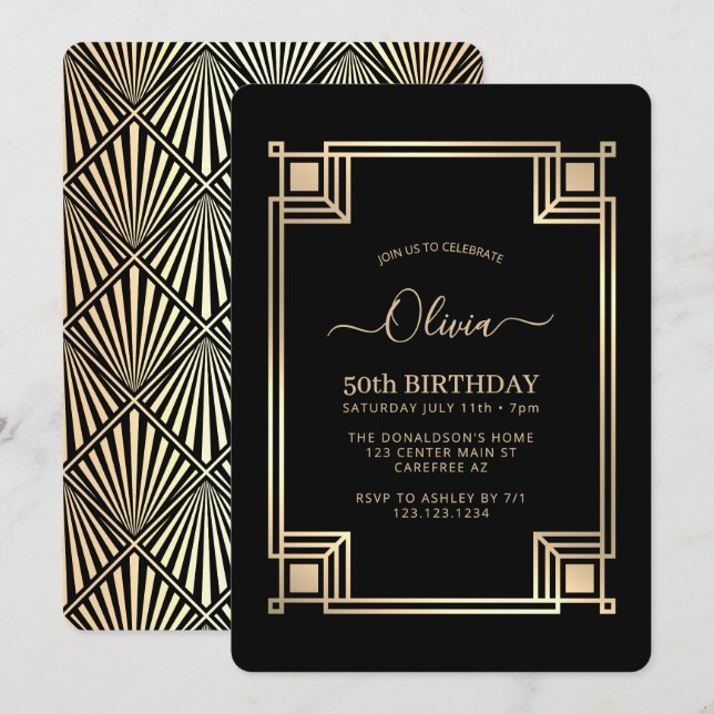 Art Deco Elegant 50-årsdag Inbjudningar (Fram/baksida)