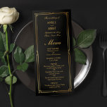 Art Deco Elegant Black Guld Ram Bröllop Menu Meny<br><div class="desc">* NON FOIL * Vi presenterar vår svarta Guld Art Deco Ram 4" x 9" One-Side Flat bröllop Menu, ett tidlöst tillägg till vår utmärkta samling. Öka ambitionen i firande med den här utmärkta menyn med en klassisk faux guld Art Deco ram, som är mycket designad för att komplettera den...</div>