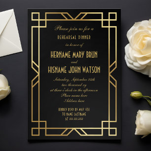 Art Deco Elegant Black Guld Rehearsal Middag Inbjudningar