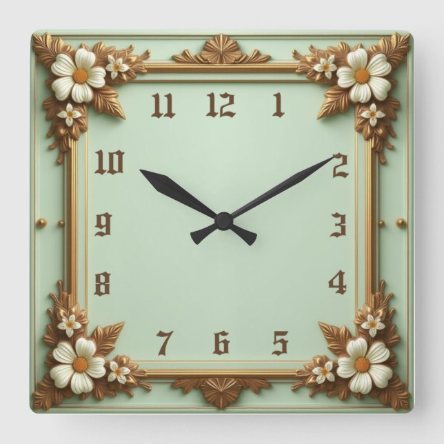 Art Deco Elegant Blomma Fyrkantig Klocka (Framsida)