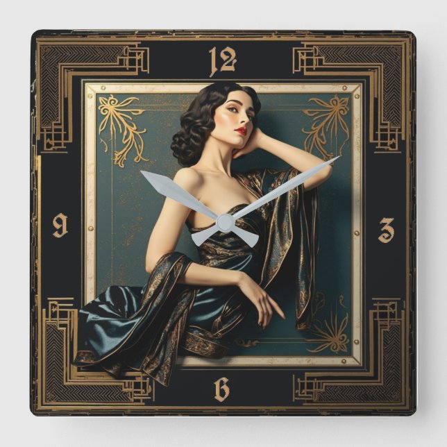 Art Deco Elegant Flicka Fyrkantig Klocka (Framsida)