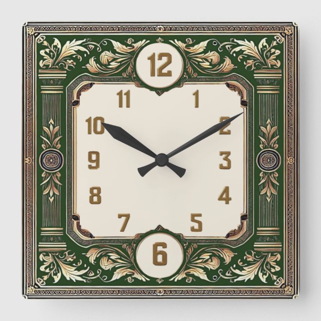 Art Deco Elegant Grön Fyrkantig Klocka (Framsida)