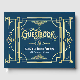Art Deco Elegant Guld Blue Gatsby 1920-talet Bröll Gästböcker