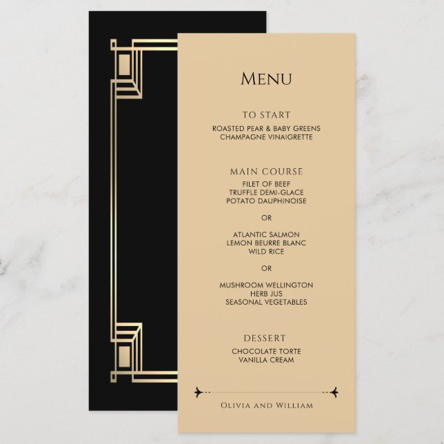 Art Deco Elegant Guld Ram Bröllop Meny (Fram/baksida)