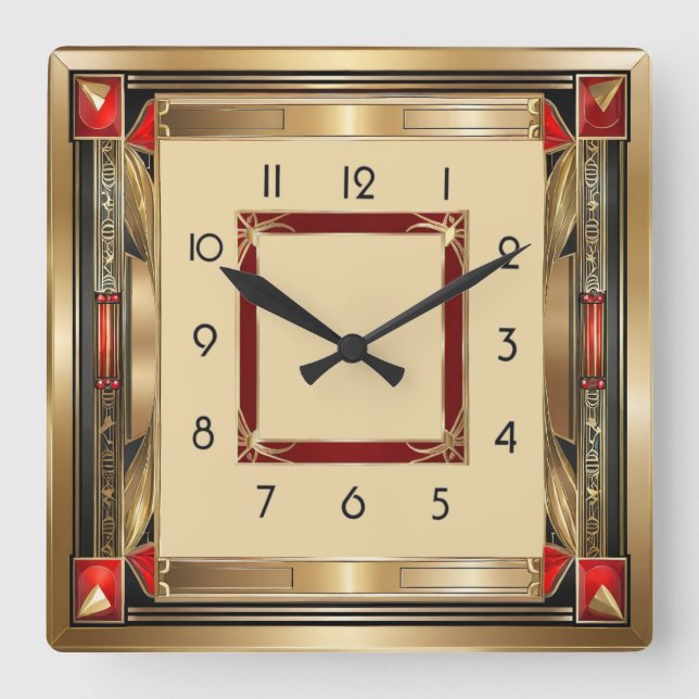 Art Deco elegant red and gold Fyrkantig Klocka (Framsida)
