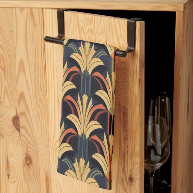 Art Deco Elegant Red Guld Black Kökshandduk (Thirds Fold)