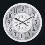 Art Deco Elegant snyggt faux silver unisex-gåva Stor Klocka<br><div class="desc">En vintage Art Deco-illustration med faux-silver-cirklar med svart runt vilka svartsnurrstolpar visas ramas av en mindre vit cirkel där romerska siffror visas.</div>