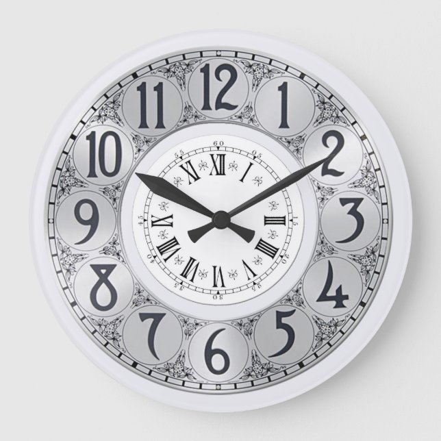 Art Deco Elegant snyggt faux silver unisex-gåva Stor Klocka (Framsida)