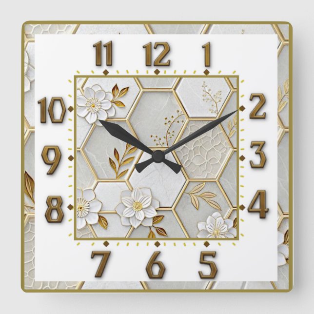 Art Deco Elegant Vit, Guld och Blommor Fyrkantig Klocka (Framsida)