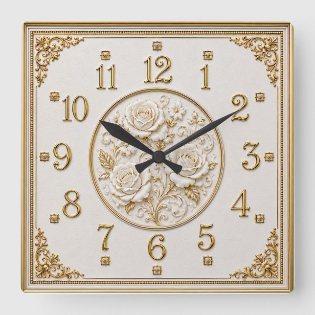 Art Deco Elegant Vit Ros Fyrkantig Klocka (Framsida)