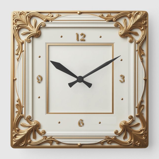 Art Deco Elegant White och Guld Fyrkantig Klocka (Framsida)