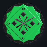 Art Deco emerald grönt geometric mönster Stor Klocka<br><div class="desc">Art Deco,  stiliserad,  svart på framväxande mönster i grönt i svart bakgrund,  i staplade,  3-d-stilformer med ansiktet kant - digital konst</div>