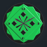 Art Deco emerald grönt geometric mönster Stor Klocka<br><div class="desc">Art Deco, stiliserad, svart på framväxande mönster i grönt i svart bakgrund, i staplade, 3-d-stilformer med ansiktet kant - digital konst</div>