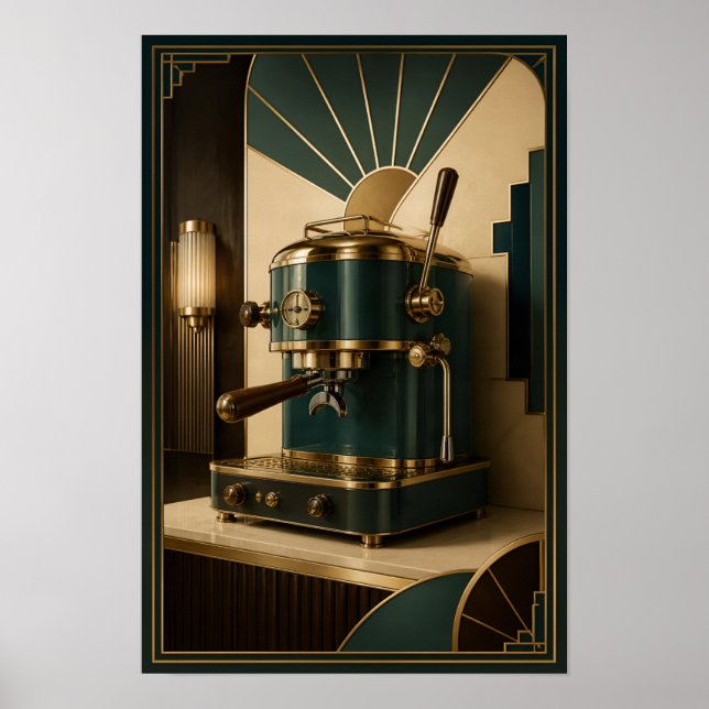 Art Deco espressomaskin – smaragdgrön och guld Poster (Framsidan)