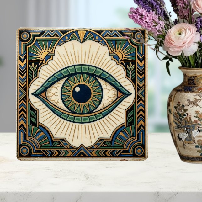 Art Deco Eye Anatomical Green Blue Gold  Kakelplatta (Skapare uppladdad)