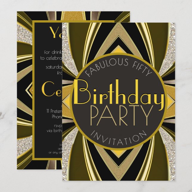 Art Deco Fabulous 50 Birthday Gatsby Party Inbjudningar (Fram/baksida)