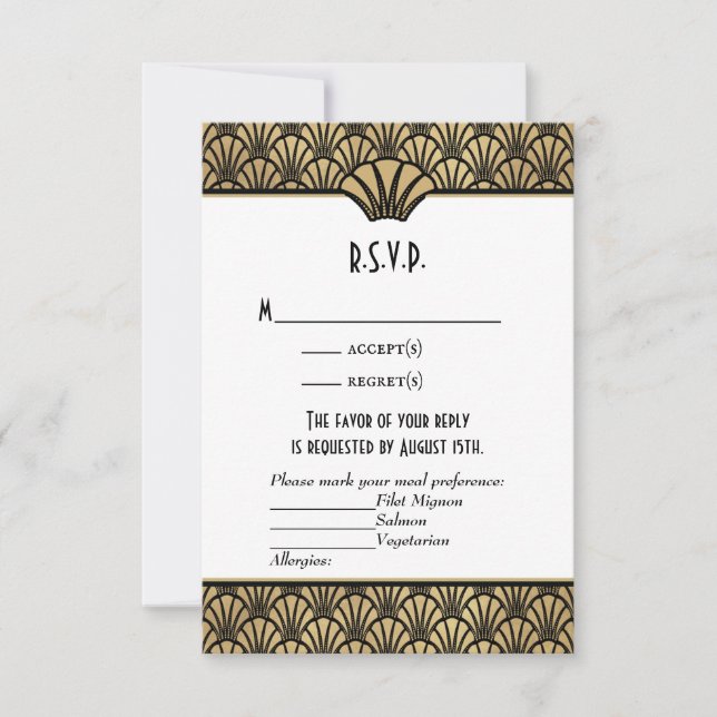 Art Deco Falsk Guld Svart Klassisk Bröllops-RSVP OSA Kort (Framsida)