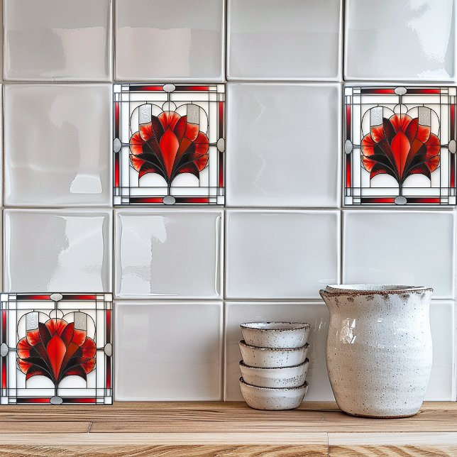 Art Deco-färgad röd svart Blommigt av glas, vit Kakelplatta (Skapare uppladdad)