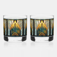 Art Deco-färgat glas i guld grönt svart