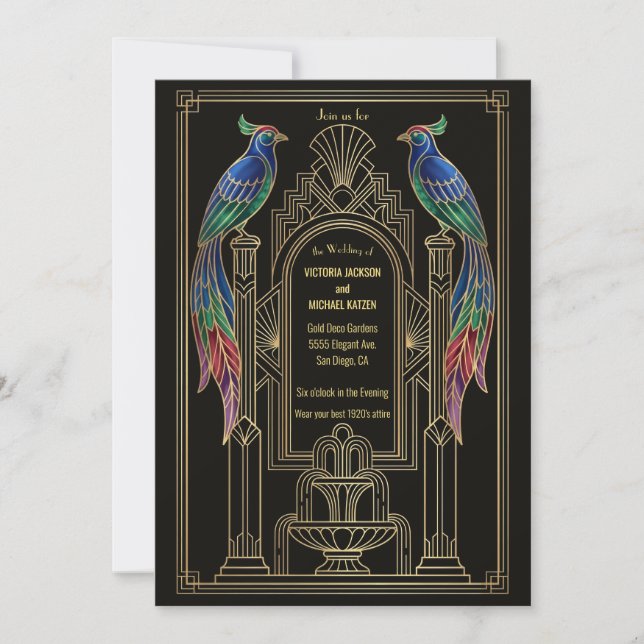 Art Deco färgglad Fågel Bröllopsinbjudan Inbjudningar (Framsida)