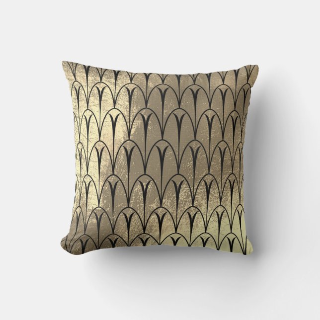 Art Deco Faux Sepia Black Guld Scales Seashells Kudde (Framsida)