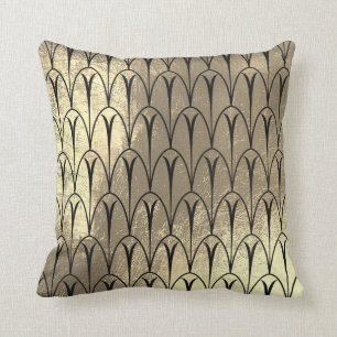 Art Deco Faux Sepia Black Guld Scales Seashells Kudde