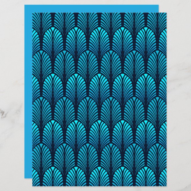 Art Deco Feather Mönster, Cerulean Blue (Fram/baksida)