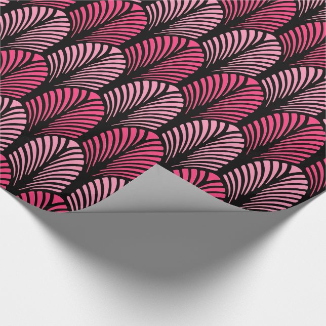 Art Deco Feather Mönster, Fuchsia Rosa och svart Presentpapper (Hörn)