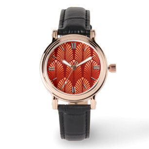 Art Deco Feather Mönster, Mandarin Orange Armbandsur