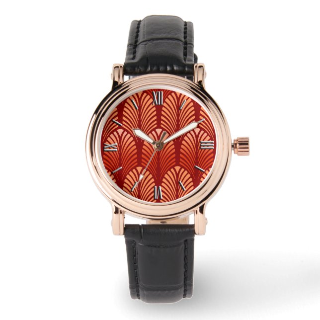Art Deco Feather Mönster, Mandarin Orange Armbandsur (Framsida)