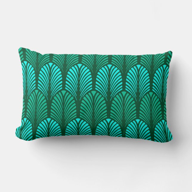 Art Deco Feather Mönster, Turquise och Aqua Lumbarkudde (Framsida)