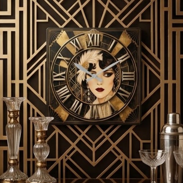 Art Deco Feathered Portrait  Fyrkantig Klocka (Skapare uppladdad)