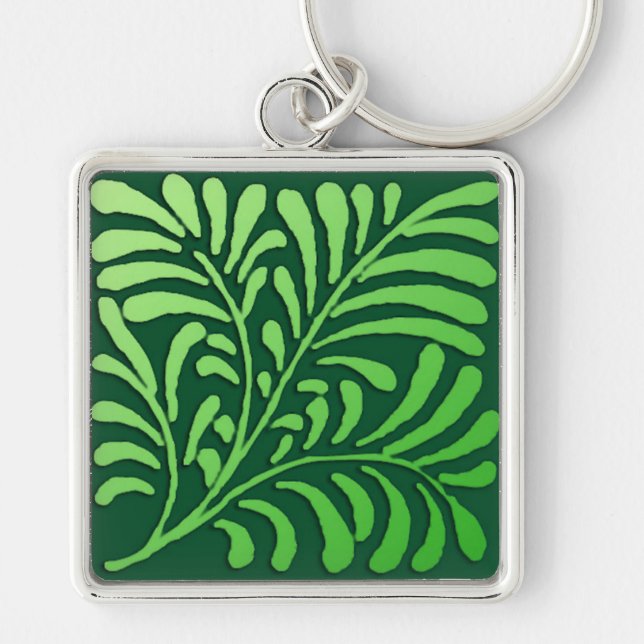 Art Deco fern mönster - gröntens nyanser Fyrkantig Silverfärgad Nyckelring (Framsidan)