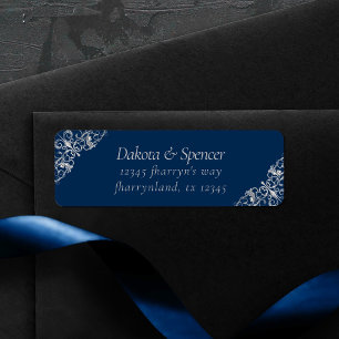 Art Deco Filigree Fiske Blue och Silver Adress Returadress Etikett