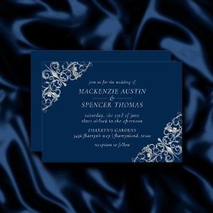 Art Deco Filigree Silver Grått Navy Blue Bröllop Inbjudningar