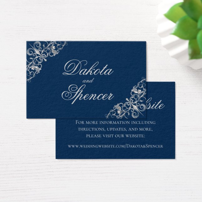 Art Deco Filigree | Silver och marinblå webbplats Visitkort (Skivbord)