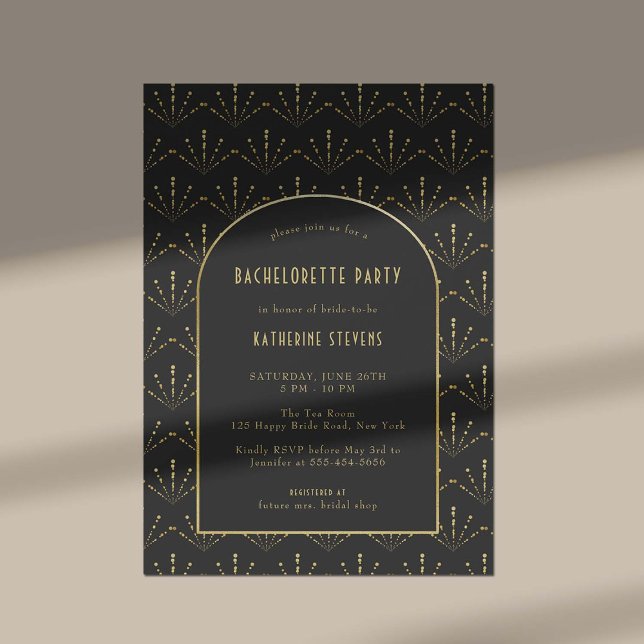Art Deco Fireworks Guld Boho Ram Bachelorette Inbjudningar (art deco bachelorette invitation gold fan flower fireworks roaring twenties gatsby black elegant )