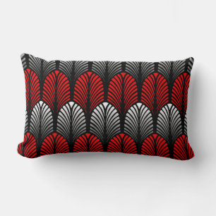 Art Deco-fjädermönster, silvergrå och röd Lumbarkudde