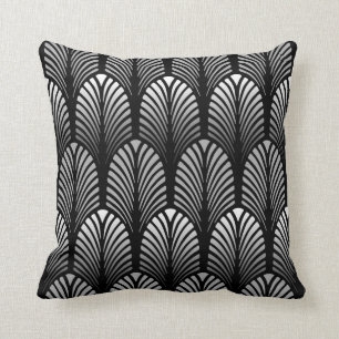 Art Deco-fjädermönster, silvergrå och svart Kudde